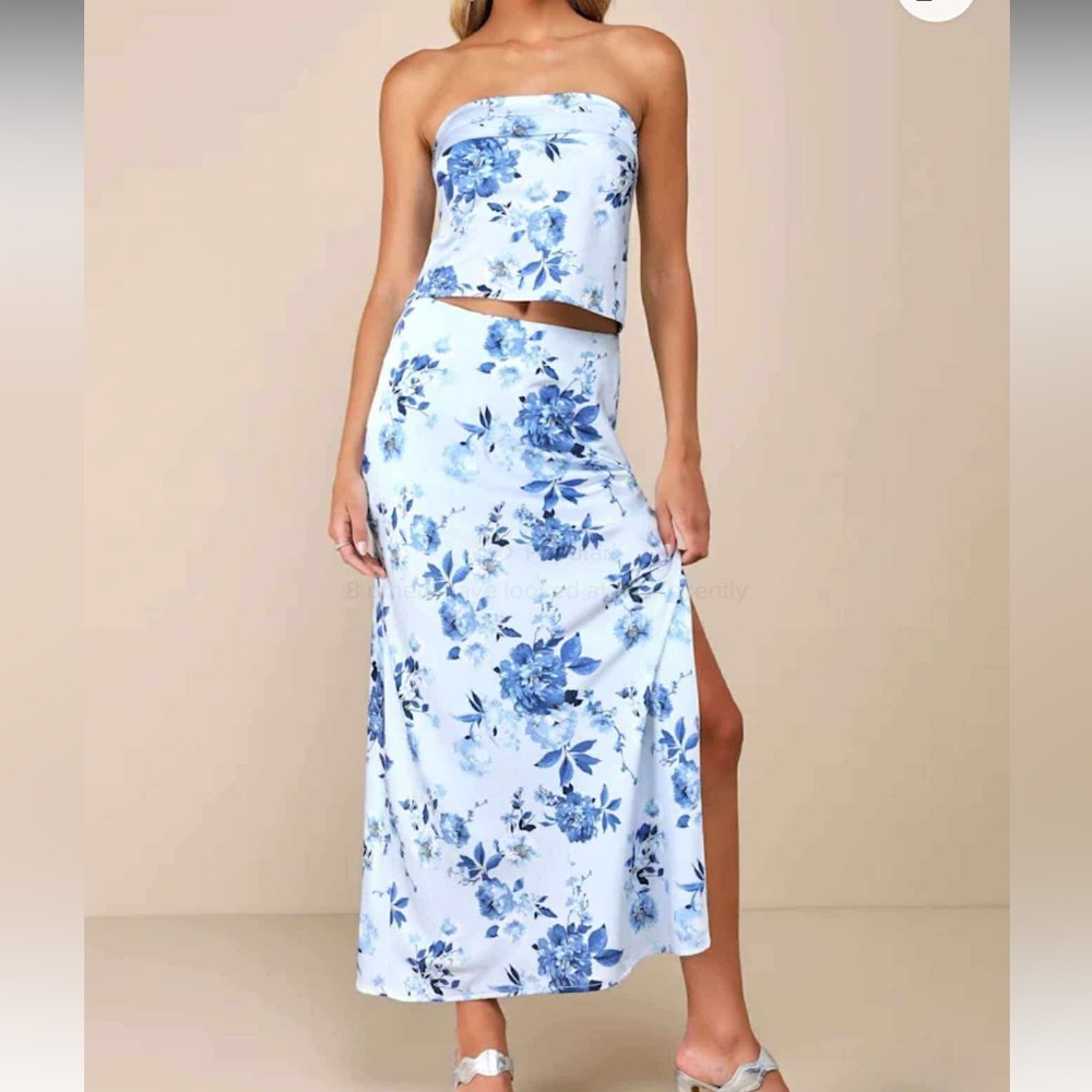 Lulus Two Piece Floral Skirt Set Satin